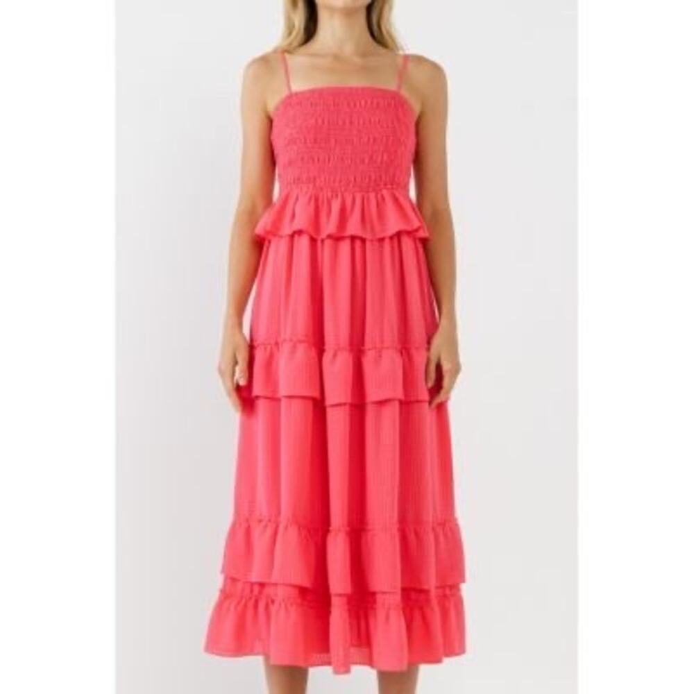 Preppy Summer Hot Pink Gingham Tiered Endless Rose Maxi Dress Smocked Top- Sz M